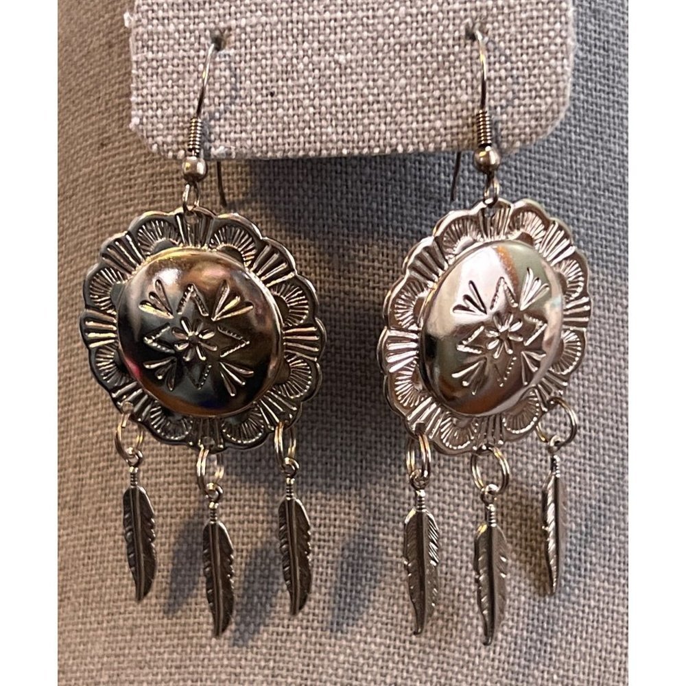 Native Ethnic Silver-tone Feather Dangle Earrings -- NEW